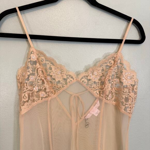 Victoria’s Secret Slip Babydoll Lingerie Womens M Tan Floral Lace Sheer Bridal - Picture 3 of 9